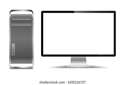 A realistic silver computer tower and screen isolated on a white background