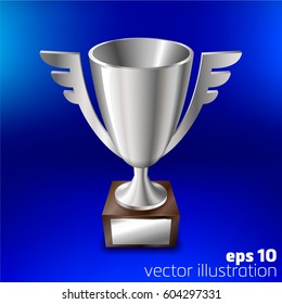 Realistic silver cup for first place On a blue background