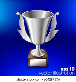 Realistic silver cup for first place On a blue background