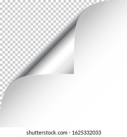 Realistic silver curled page corner with shadow on checkered background. Greeting card design element. Blank sheet of paper. Vector illustration.
