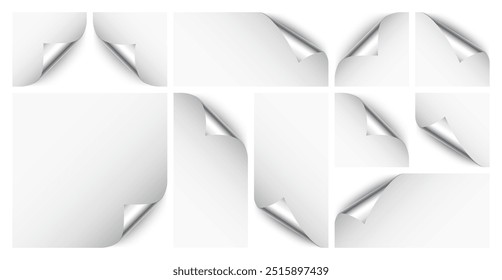 Realistic silver curled page corner set. Greeting card design element. Blank sheet of paper. Vector illustration.