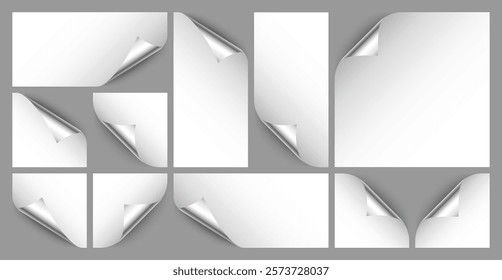 Realistic silver curled page corner set. Greeting card design element. Blank sheet of paper. Vector illustration.