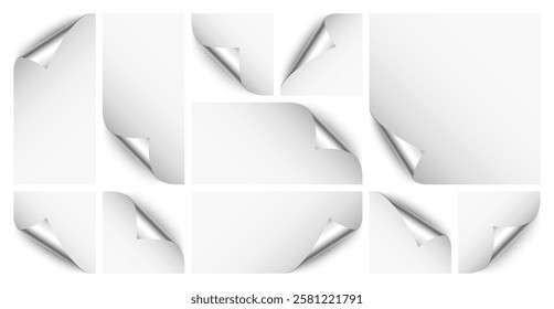 Realistic silver curled page corner set. Greeting card design element. Blank sheet of paper. Vector illustration.