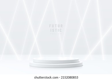 Realistic Silver Cylinder Pedestal Podium With Overlap Glowing Neon Lamp Scene. Vector Abstract Futuristic Room With 3D Geometric Forms. Minimal Scene For Mockup Products Showcase, Promotion Display.