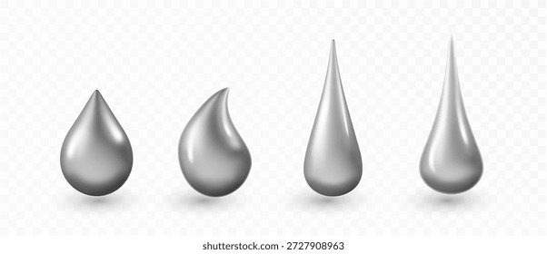 Realistic silver drops and metallic spheres with chrome finish. 3D liquid droplets, glossy beads, and bubble-like orbs create a luxurious composition with reflective surfaces.