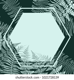 Realistic silver fern frond twigs frame vector. Polypodiophyta plant bush leaves and twigs background decor.  Detailed bracken fern vector, tropical forest grass herbs growing card border.