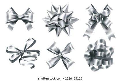 Realistic silver foil bows. Decorative bow, metallic favor ribbon and christmas gift bows signs. Luxury wrapping bows ribbons, christmas gifts knot. 3D isolated vector illustration icons set