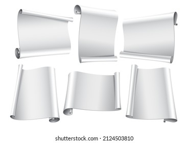 Realistic silver glossy banner. Set of scrolls of curled paper. The edges are curled on one or two sides. Silver label or design element in old style. Vector illustration