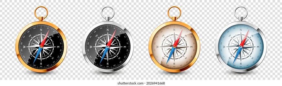 Realistic silver, golden vintage compass with marine wind rose and cardinal directions of North, East, South, West. Shiny metal navigational compass. Cartography and navigation. Vector illustration.