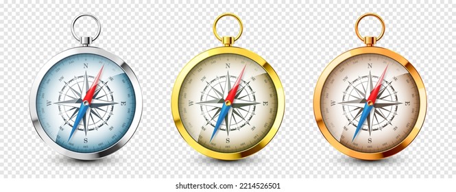 Realistic silver and golden vintage compasses. Marine wind rose and cardinal directions of North, East, South, West. Shiny metal navigational compass. Cartography and navigation. Vector illustration