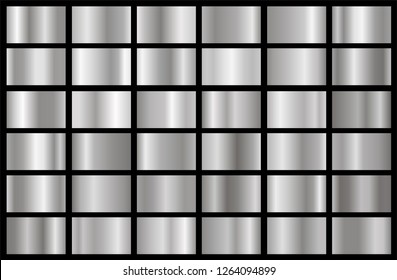 Realistic silver gradient texture pack. Shiny metal foil gradient set. Vector illustration
