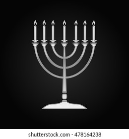 Realistic Silver Hanukkah menorah icon on black background. Vector Illustration