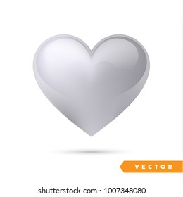 Realistic silver heart. Isolated on white. Valentines day greeting card background. 3D icon. Romantic vector illustration. Easy to edit design template for your artworks.