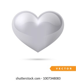 Realistic silver heart. Isolated on white. Valentines day greeting card background. 3D icon. Romantic vector illustration. Easy to edit design template for your artworks.