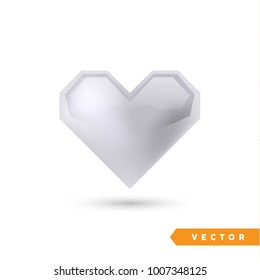 Realistic silver heart. Isolated on white. Valentines day greeting card background. 3D icon. Romantic vector illustration. Easy to edit design template for your artworks.
