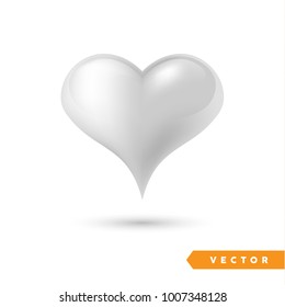 Realistic silver heart. Isolated on white. Valentines day greeting card background. 3D icon. Romantic vector illustration. Easy to edit design template for your artworks.