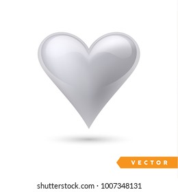 Realistic silver heart. Isolated on white. Valentines day greeting card background. 3D icon. Romantic vector illustration. Easy to edit design template for your artworks.
