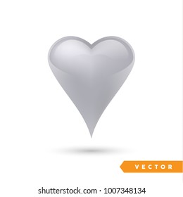 Realistic silver heart. Isolated on white. Valentines day greeting card background. 3D icon. Romantic vector illustration. Easy to edit design template for your artworks.
