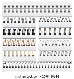 Realistic silver iron notebook binding wire spirals. Binding sketchbook or calendar sheets iron spirals vector illustration set. Paper notebook spiral binders. Helical coils fastening sheets