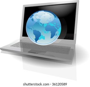 Realistic silver laptop with black screen and blue Globe. Vector illustration concept.