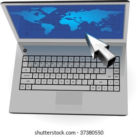 Realistic silver laptop with blue map of the World and cursor. Vector illustration concept.