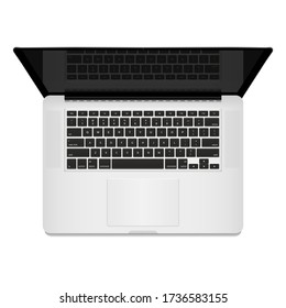 Realistic Silver Laptop Computer. Top Down View, Keyboard, Reflection On The Screen. Laptop Isolated On White Background. Vector Illustration EPS 10