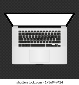 Realistic Silver Laptop Computer. Top down view, Keyboard, blank screen. Laptopisolated on transparent background. Vector Illustration EPS 10