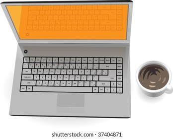 Realistic silver laptop with orange screen and cup of coffee. Vector illustration.