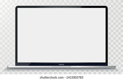 Realistic Silver laptop with Transparent Screen Isolated. 12 inch Laptop. Open Display. Can Use for Project, Presentation. Blank Device Mock Up. Separate Groups and Layers. Easily Editable Vector.