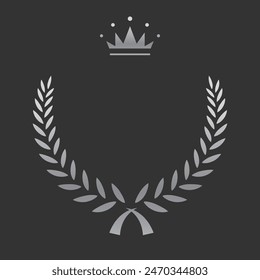 Realistic silver laurel wreath with crown. Premium insignia, traditional victory symbol on black backdrop. Triumph, win poster, banner layout , shiny frame, border.