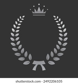 Realistic silver laurel wreath with crown. Premium insignia, traditional victory symbol on black backdrop. Triumph, win poster, banner layout , shiny frame, border.