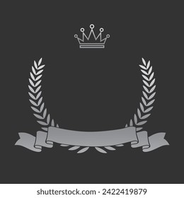 Leyenda de laurel de plata realista con cinta y corona. Insignia premium, símbolo de victoria tradicional sobre fondo negro. Triunfo, afiche de ganar, diseño de banner, marco brillante, borde.