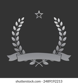 Realistic silver laurel wreath with ribbon and star. Premium insignia, traditional victory symbol on black backdrop. Triumph, win poster, banner layout , shiny frame, border.