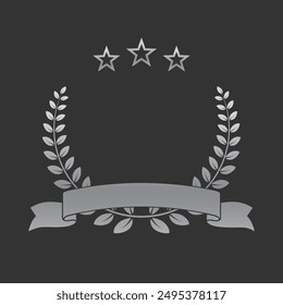 Realistic silver laurel wreath with ribbon and stars. Premium insignia, traditional victory symbol on black backdrop. Triumph, win poster, banner layout , shiny frame, border