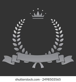 Realistic silver laurel wreath with ribbon and crown. Premium insignia, traditional victory symbol on black backdrop. Triumph, win poster, banner layout , shiny frame, border.