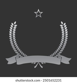 Realistic silver laurel wreath with ribbon and star. Premium insignia, traditional victory symbol on black backdrop. Triumph, win poster, banner layout , shiny frame, border.