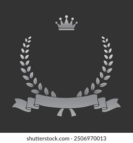 Realistic silver laurel wreath with ribbon and crown. Premium insignia, traditional victory symbol on black backdrop. Triumph, win poster, banner layout , shiny frame, border.