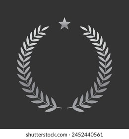 Realistic silver laurel wreath with star. Premium insignia, traditional victory symbol on black backdrop. Triumph, win poster, banner layout , shiny frame, border.