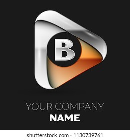 Realistic Silver Letter B logo symbol in golden-silver triangle shape on black background. Vector template for your design