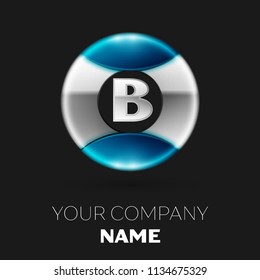 Realistic Silver Letter B logo symbol in the silver-blue colorful circle shape on black background. Vector template for your design