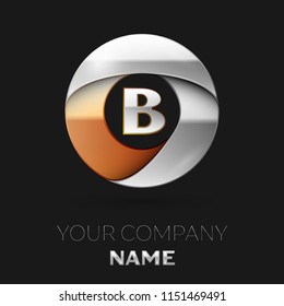 Realistic Silver Letter B logo symbol in the colorful silver-golden circle shape on black background. Vector template for your design