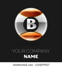 Realistic Silver Letter B logo symbol in the silver-golden colorful circle shape on black background. Vector template for your design