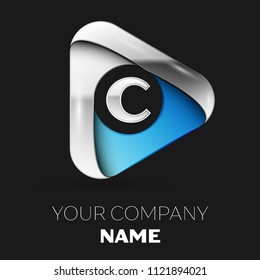 Realistic Silver Letter C logo symbol in silver-blue triangle shape on black background. Vector template for your design