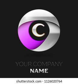 Realistic Silver Letter C logo symbol in the colorful silver-purple circle shape on black background. Vector template for your design
