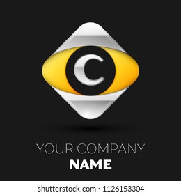 Realistic Silver Letter C logo symbol in the colorful silver-yellow square shape on black background. Vector template for your design