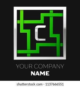 Realistic Silver Letter C logo symbol in the silver-green colorful square maze shape on black background. The logo symbolizes labyrinth, choice of right path. Vector template for your design