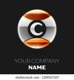 Realistic Silver Letter C logo symbol in the silver-golden colorful circle shape on black background. Vector template for your design