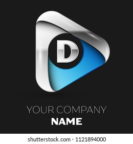 Realistic Silver Letter D logo symbol in silver-blue triangle shape on black background. Vector template for your design