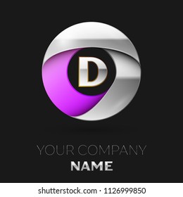 Realistic Silver Letter D logo symbol in the colorful silver-purple circle shape on black background. Vector template for your design