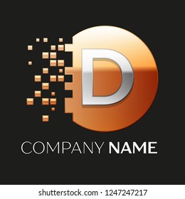 Realistic Silver Letter D logo symbol in the golden colorful pixel circle shape with shattered blocks on black background. Vector template for your design